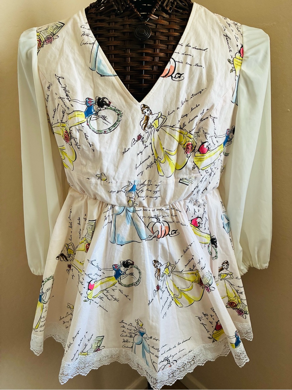 Disney Pastel Princess Print Peplum Top with Cream Chiffon Sleeves